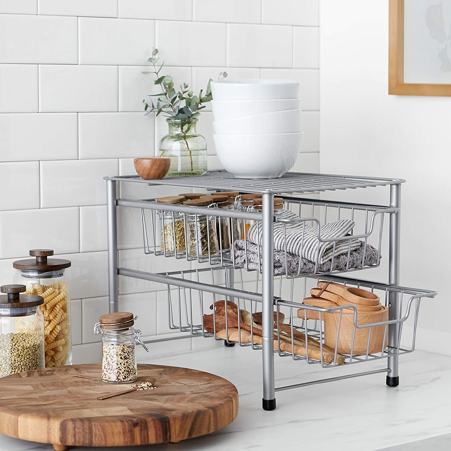 the amazon basics two tier sliding drawer on a marble countertop