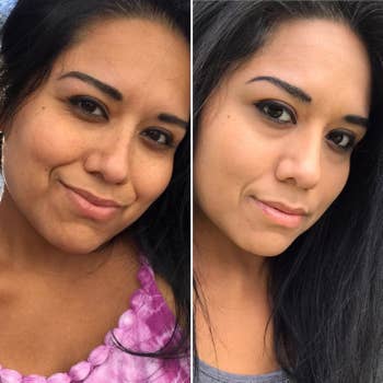 reviewer before and after photos of them wearing the foundation
