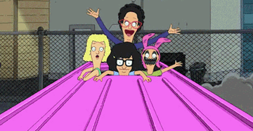 Linda, Tina, and Louise Belcher, along with their friend, hang out the sun roof of a brightly colored limo