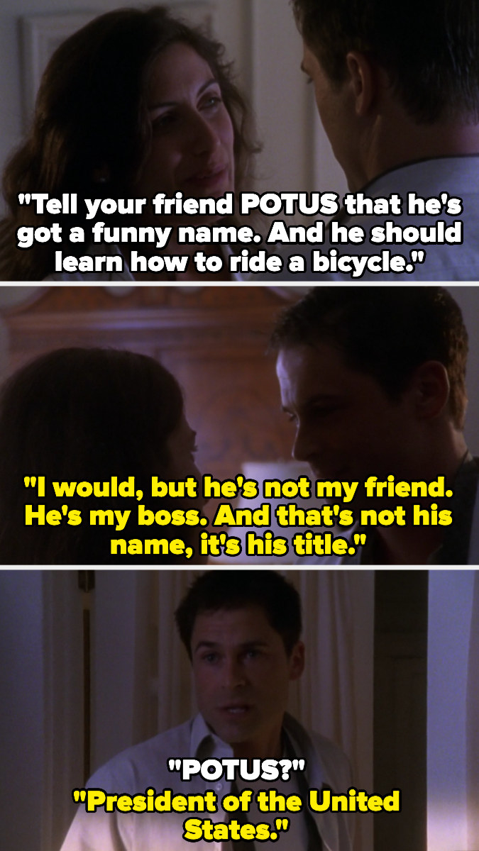 Sam&#x27;s date tells Sam to tell his friend POTUS that he has a funny name and should learn to ride a bike, and Sam said he would but POTUS is not his friend, he&#x27;s his boss, and POTUS is a title standing for &quot;President of the United States&quot;