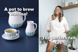 Tea pot / A reviewer wearing a sherpa set