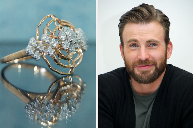 a unique gold engagement ring on the left and chris evans on the right
