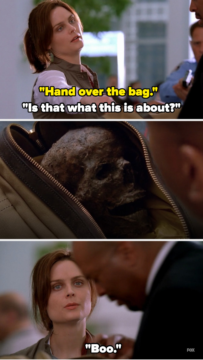 homeland security asks Brennan to hand over the bag, which she does — the man opens it to see a skull and Brennan says &quot;boo&quot;