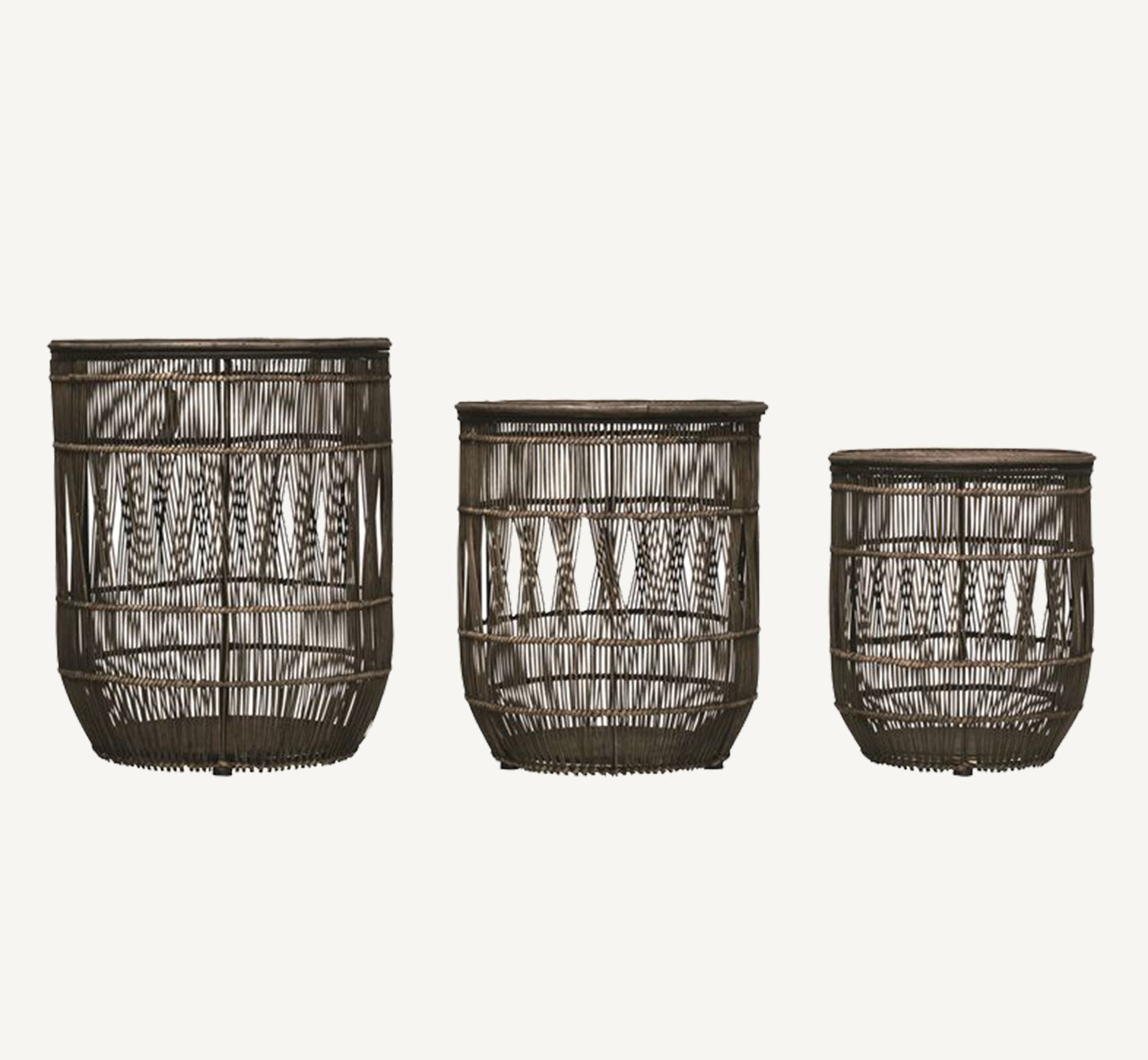 three distressed black bamboo and rattan baskets with lids