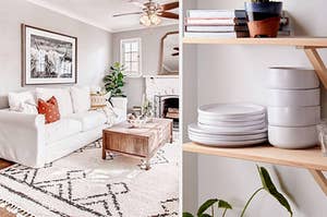 a boho black and cream area rug; a stack of stoneware bowls and plates