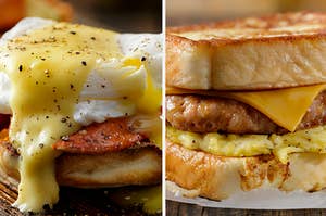 two breakfast sandwiches with melted cheese