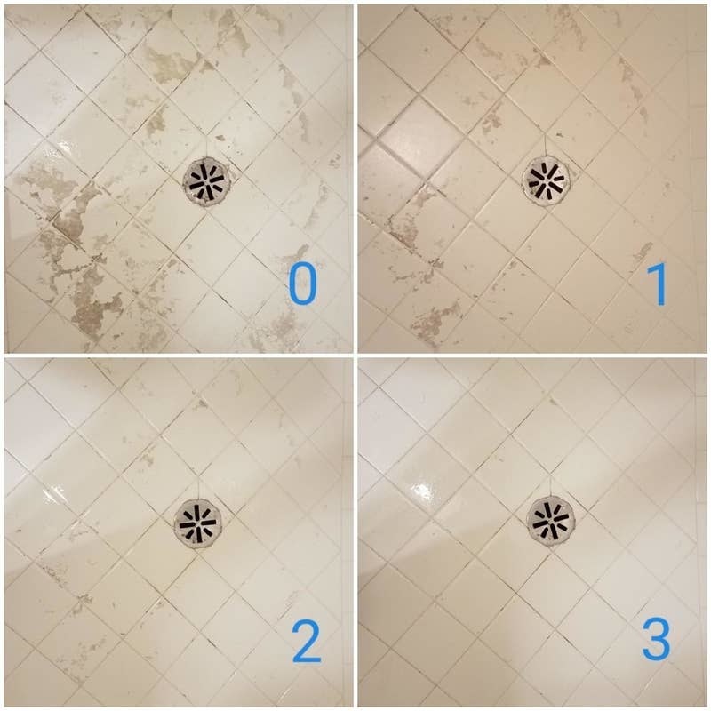 top left to bottom right: stain on shower floor, stain slowly fading, and stain gone