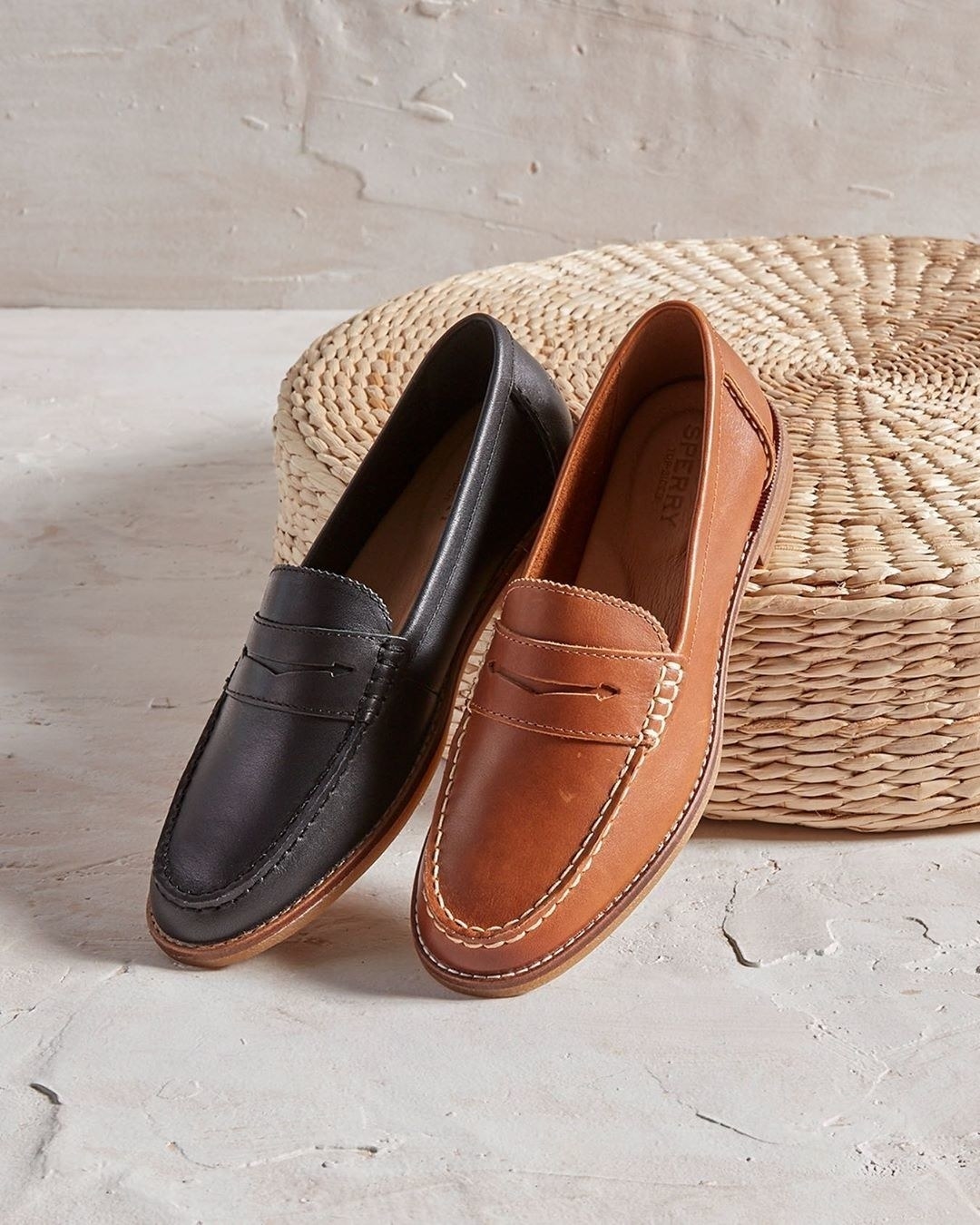 A black loafer and brown loafer sitting next to each other
