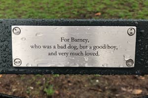 A park bench plaque in memory of a dog