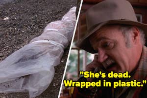 Laura Palmer's body in plastic and Pete Martell on the phone saying "She's dead. Wrapped in plastic" on Twin Peaks