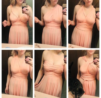 reviewer wearing the pink version in several different sleeveless, halter, one-shoulder, and strapless styles