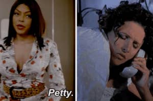 split image of an actress saying petty on the left and another actress on the phone on the right