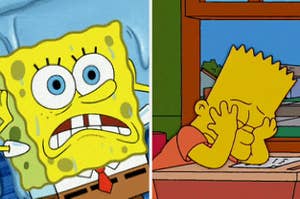 SpongeBob looking worried and Bart Simpson looking sad at his school desk