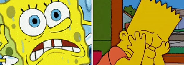 SpongeBob looking worried and Bart Simpson looking sad at his school desk