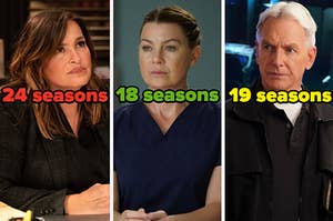 Characters from Law & Order: SVU, Grey's Anatomy, and NCIS labeled "24 seasons," "18 seasons," "19 seasons"