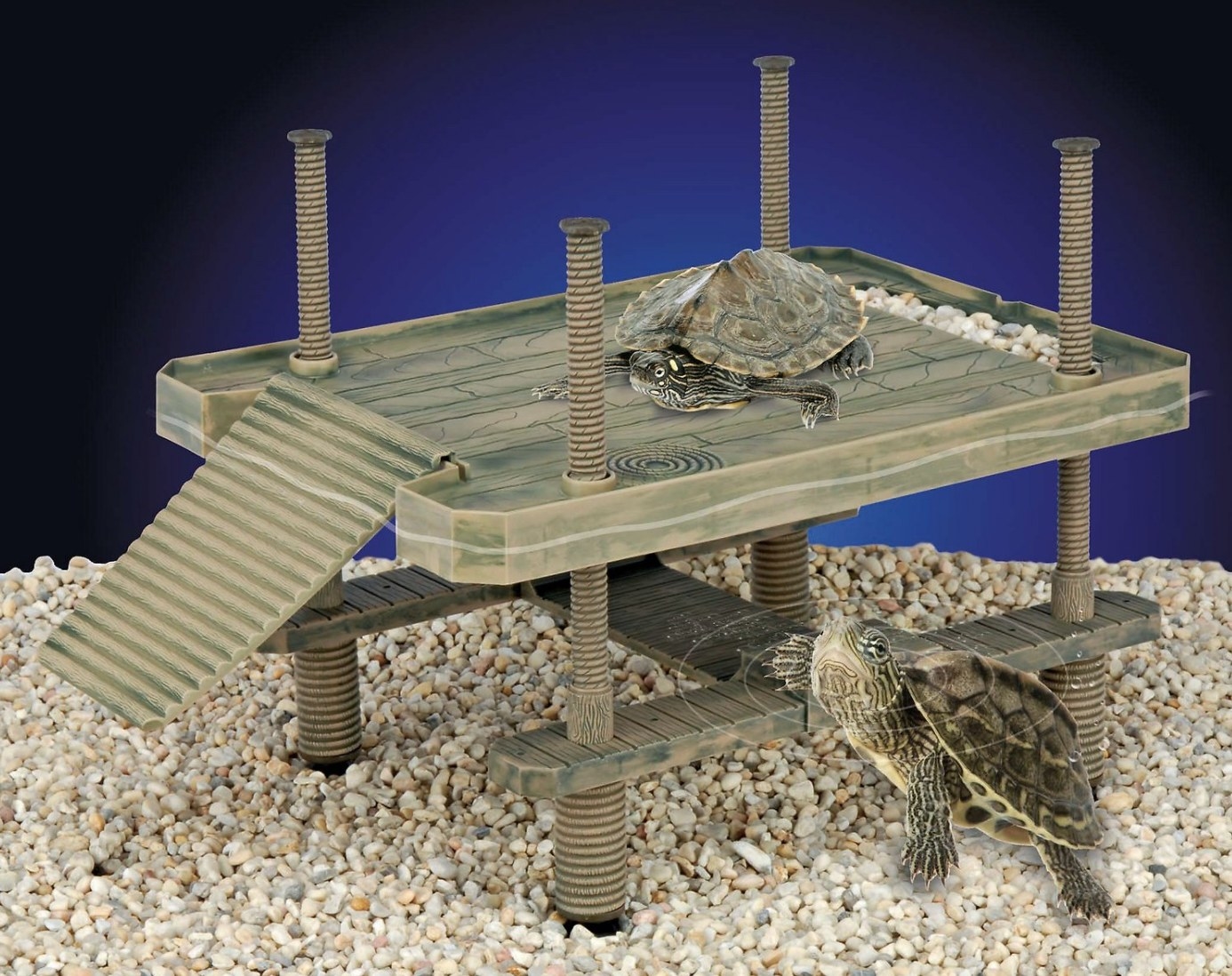The two tier platform has a ramp and two small turtles enjoying the structure