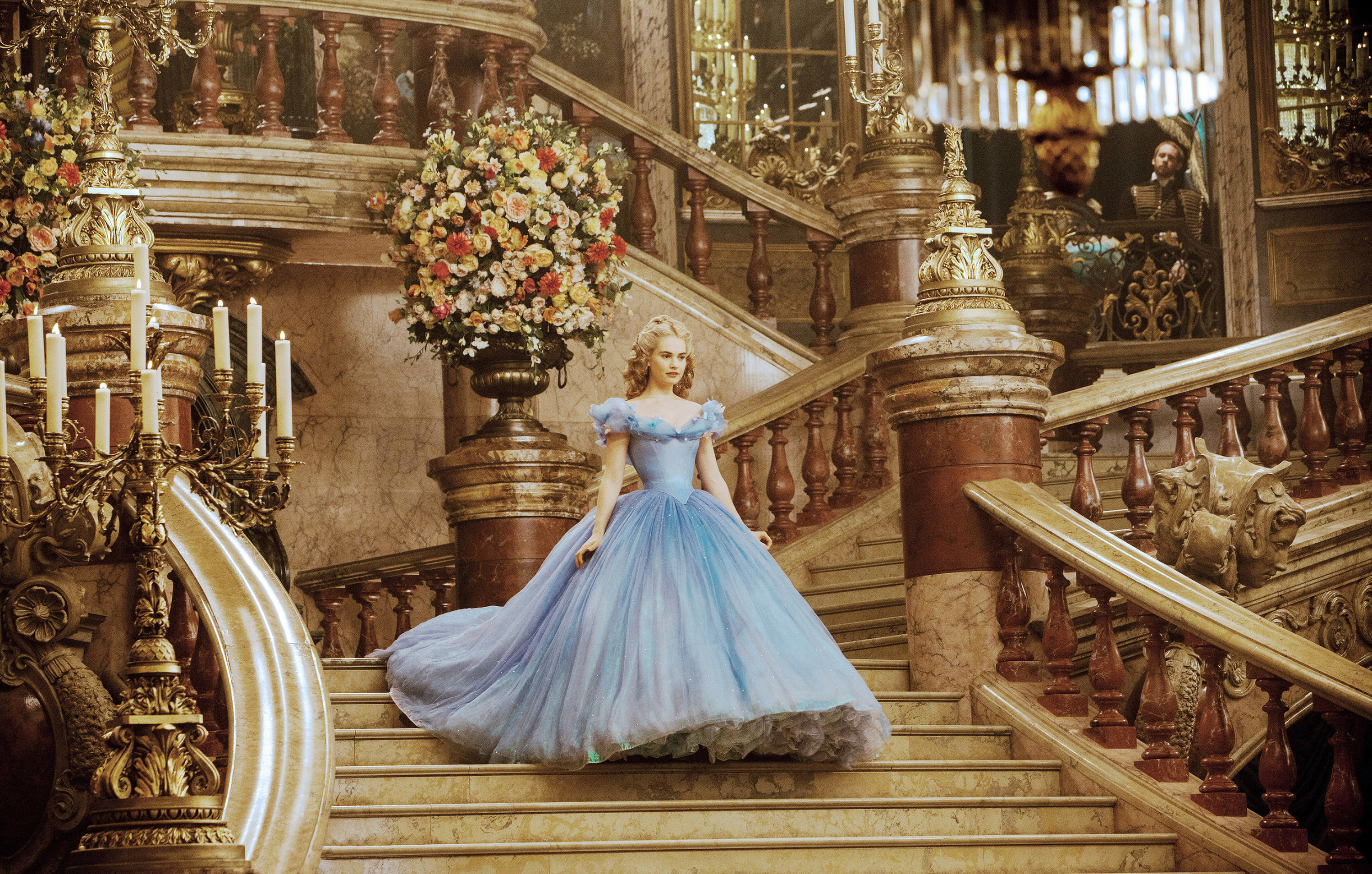 Cinderella wearing an off-the-shoulder ballgown