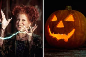 hocus pocus on the left and a carved pumpkin on the right