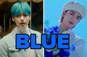 "BLUE" is written with two K-Pop stars facing each other