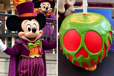 Mickey Mouse at Disneyland wearing a tuxedo and top hat and a halloween bowtie, and a candy poison apple where the frosting looks like a skull