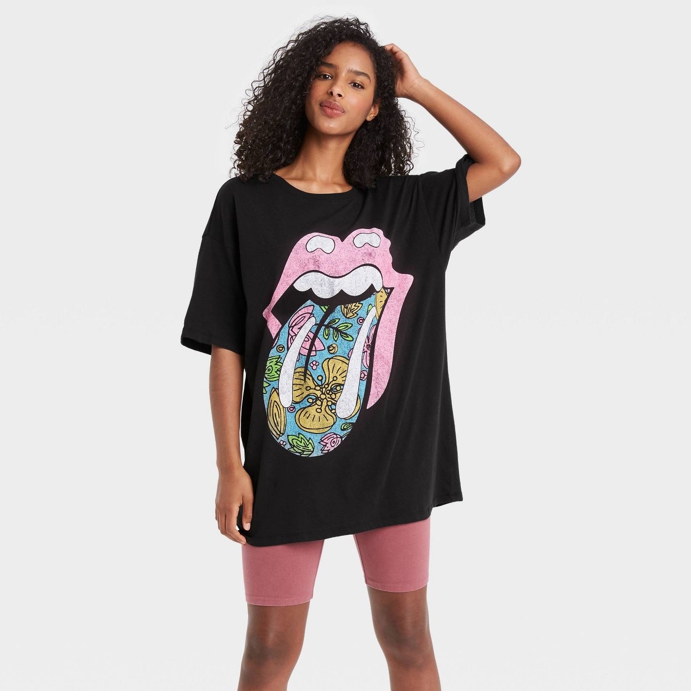 A model wearing a Rolling Stones t shirt dress