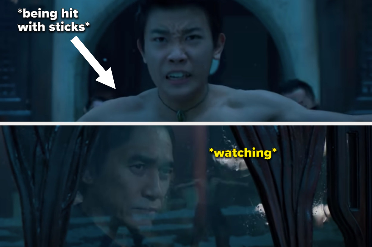 Wenwu watches Shang-Chi being hit with sticks during training