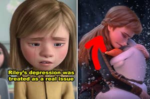Side-by-side of Riley crying in "Inside Out" and Anna hugging Olaf in "Frozen II"