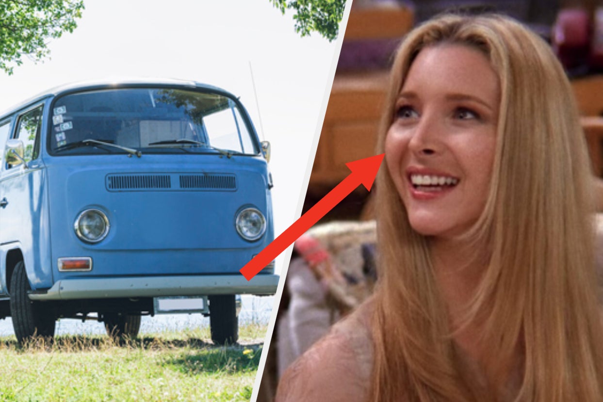 A brightly colored van sits in an empty grassy field and a close up of Phoebe Buffay as she smiles during an episode of 