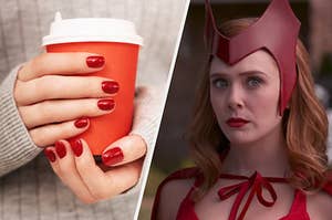 Two hands holds a coffee cup to show off brightly colored nails and Wanda Maximoff wears a bright colored head dress and matching cape in "WandaVision"