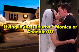 A house with lit up Christmas lights hanging from it's roof and Monica Geller and Chandler Bing kiss on their wedding day in "Friends"