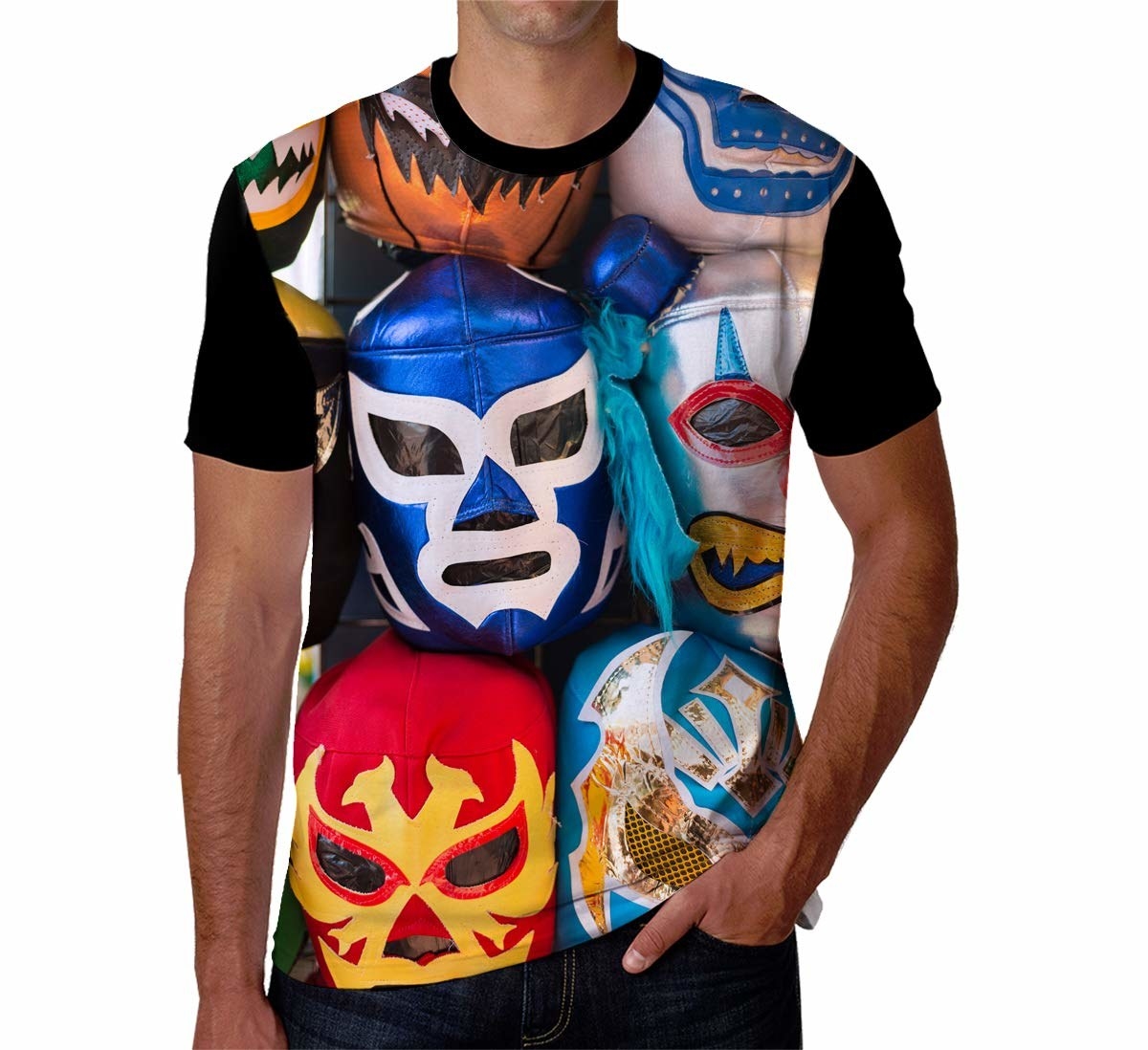 Playera de hombre con estampado de máscaras de lucha libre mexicana