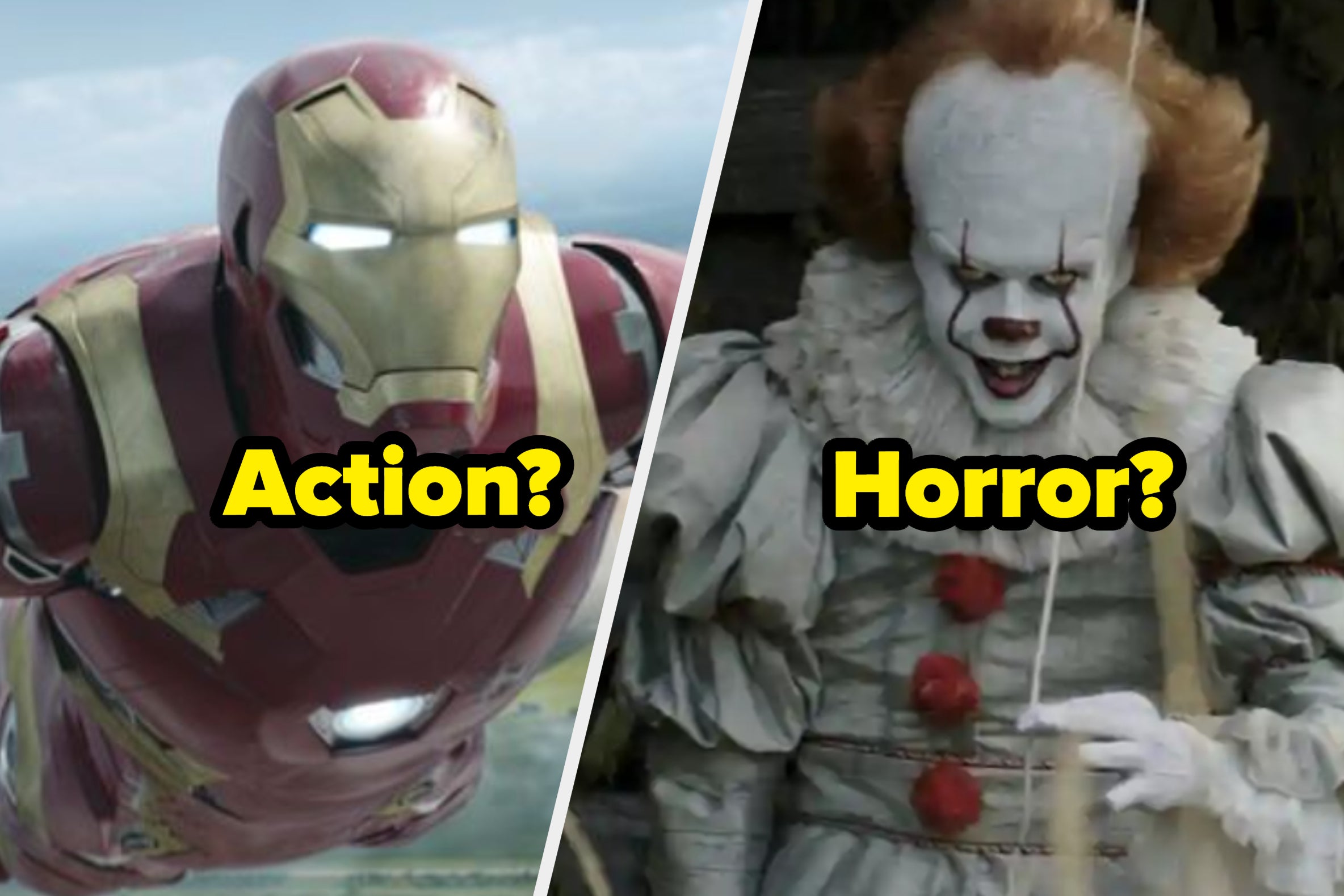 The Iron Man suit flies through the sky and Pennywise the clown smiles evilly while holding a balloon