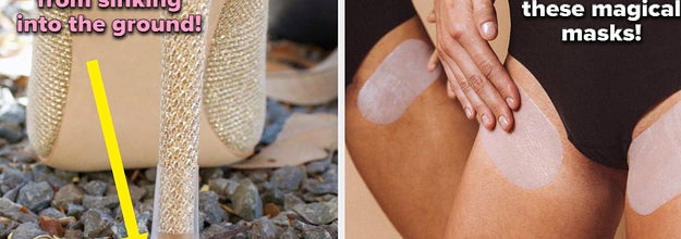 left image: heel clips that stop shoes from sinking into the ground, right image: people using bikini line masks