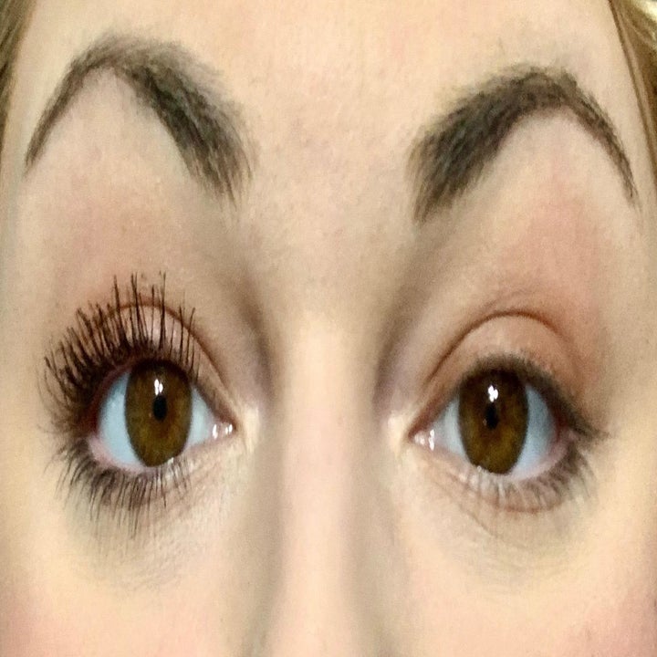 Reviewer wearing the mascara on one eye