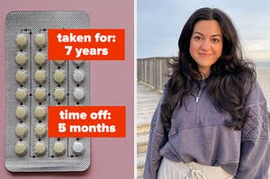 A birth control pack; the author smiling