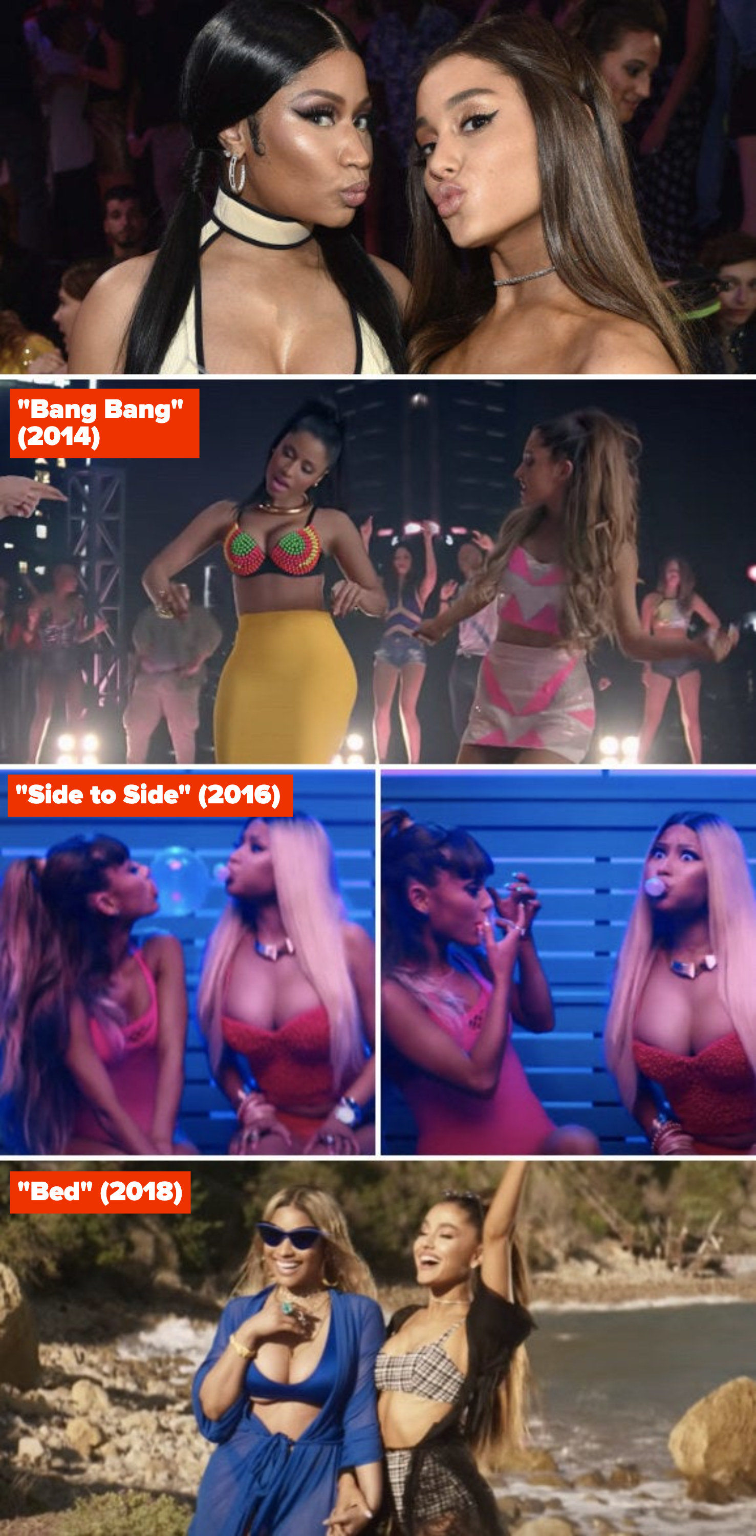 Minaj and Grande at the 2018 MTV Video Music Awards; Minaj and Grande in their &quot;Bang Bang&quot; music video; Minaj and Grande in their &quot;Side to Side&quot; music video; Minaj and Grande in their &quot;Bed&quot; music video