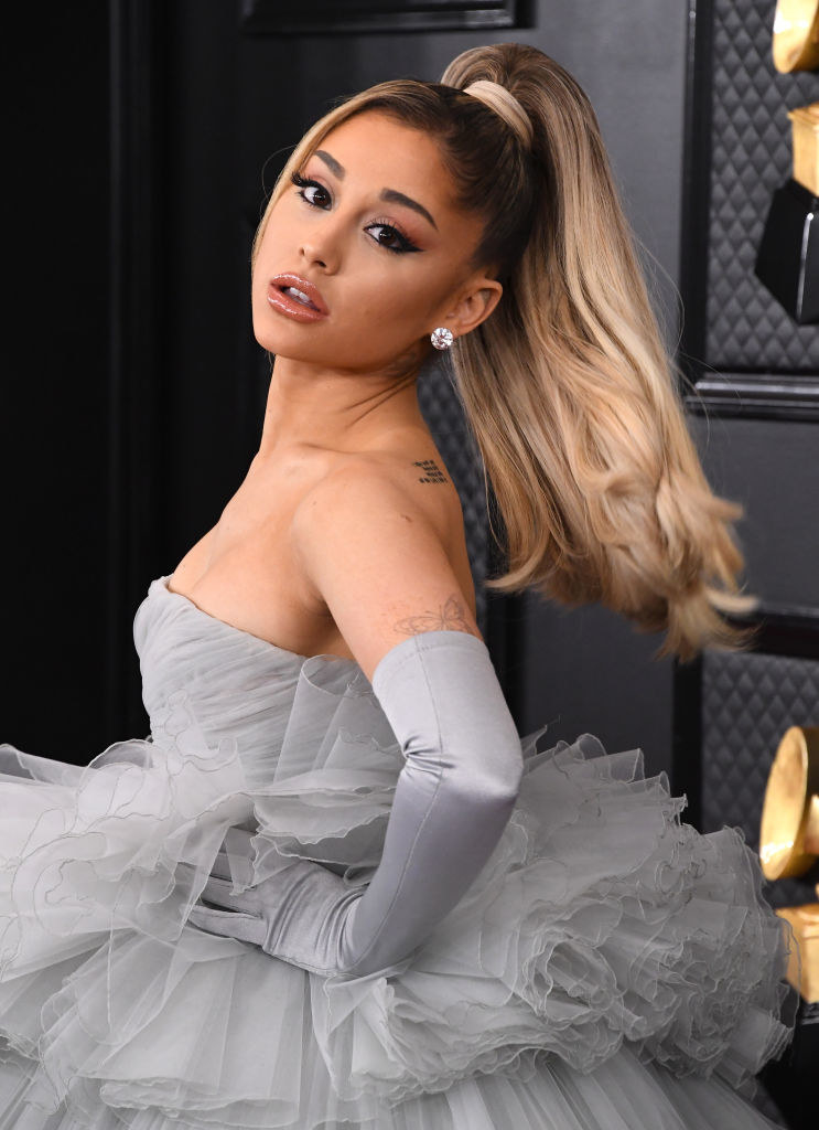Ariana Grande in a grey ballgown at the Grammy Awards