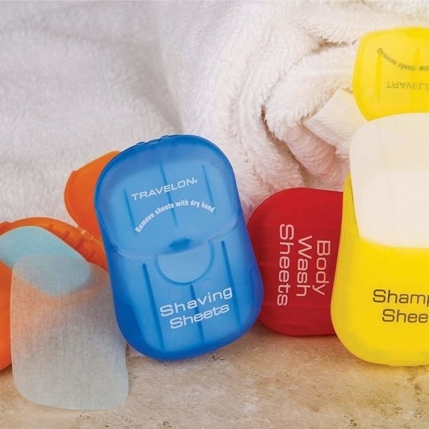 A collection of shaving sheets, body wash sheets, and shampoo sheets