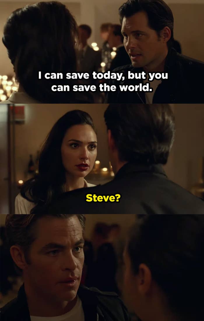 A man stands in front of Diana saying &quot;I can save today, but you can save the world.&quot; Then he turns into Steve Trevor.