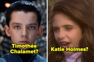 young boy with caption "Timothée Chalamet?" and teenage girl labeled "katie holmes?"