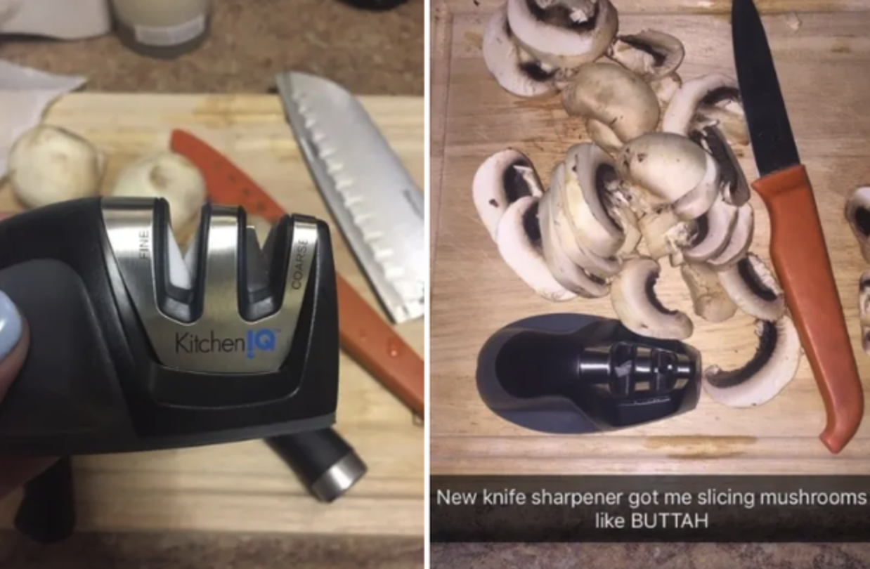 closeup of sharpener and a shot of mushrooms sliced with a knife sharpened with the sharpener with caption saying &quot;new knife sharpener got me slicing mushrooms like buttah&quot;