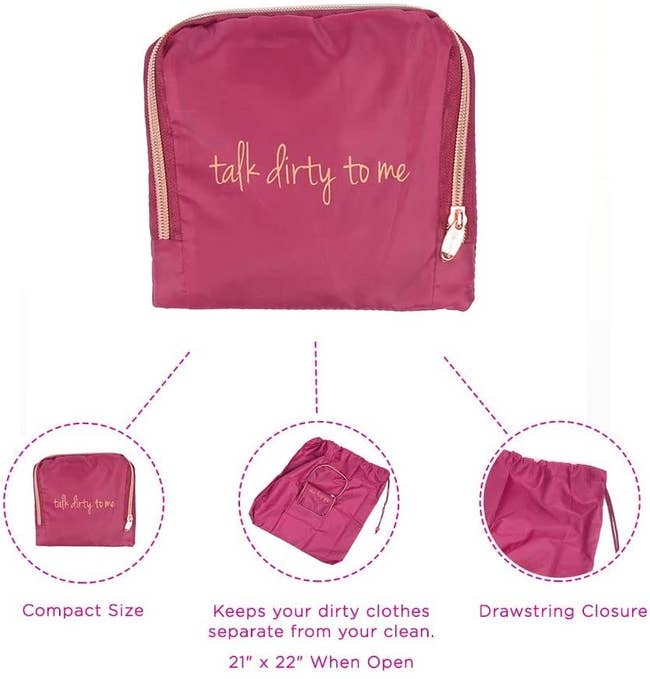 pink zippered bag that says 