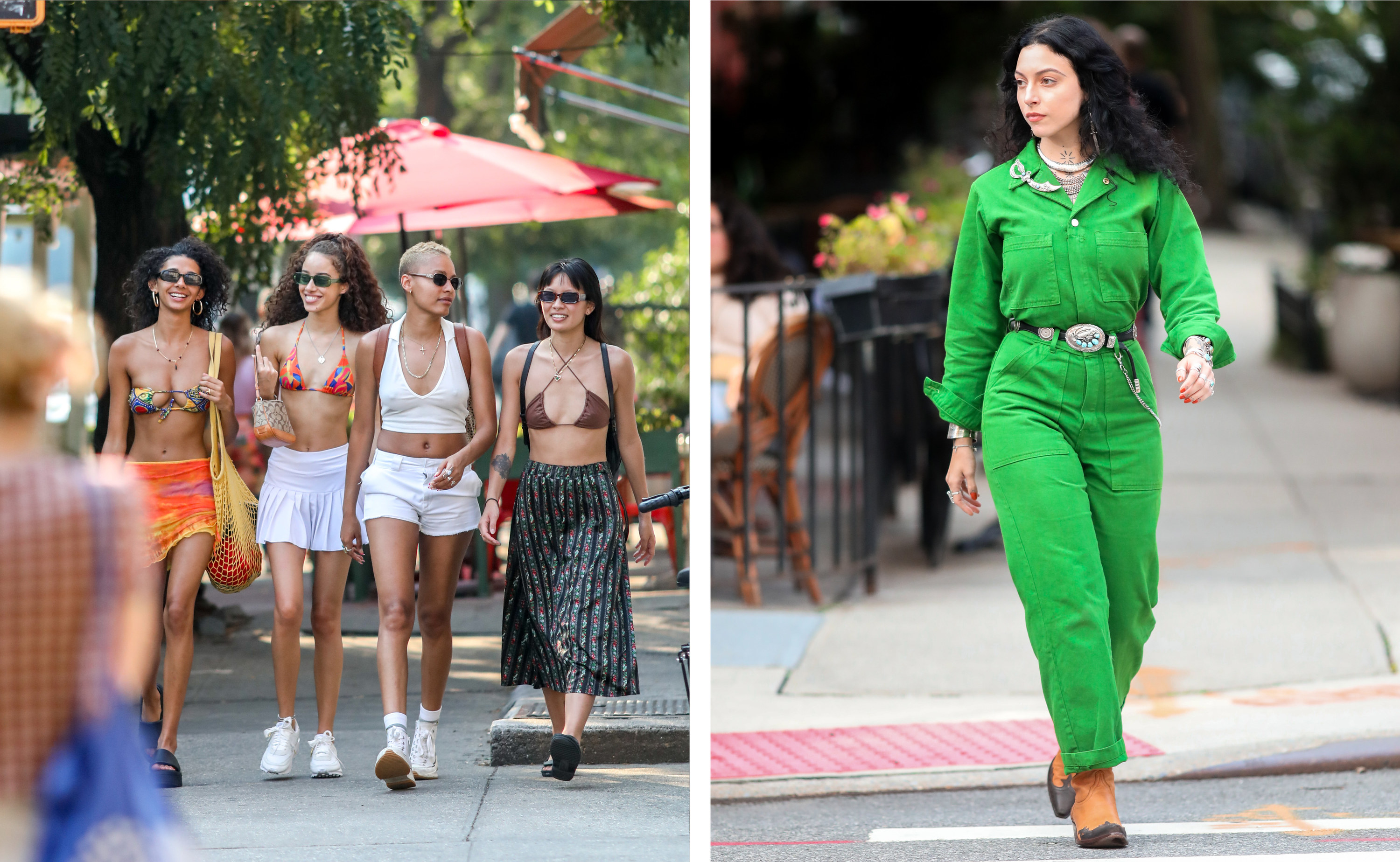 Left, a group of four women in summer clothing, right a woman crossing the street in a green jumpsuit