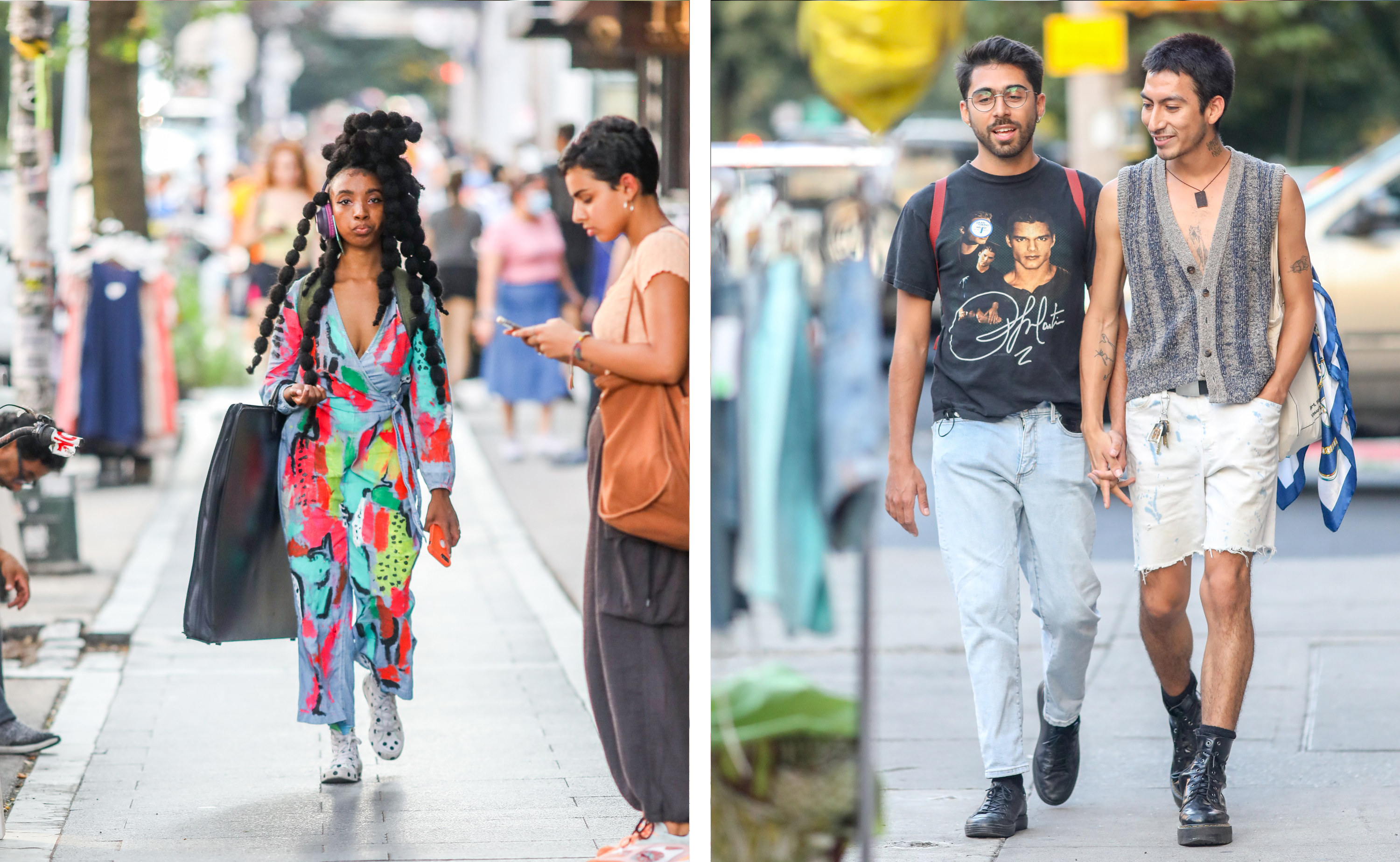 Left, a woman in a handpainted jumpsuit, right, two men hold hands as they walk down the street