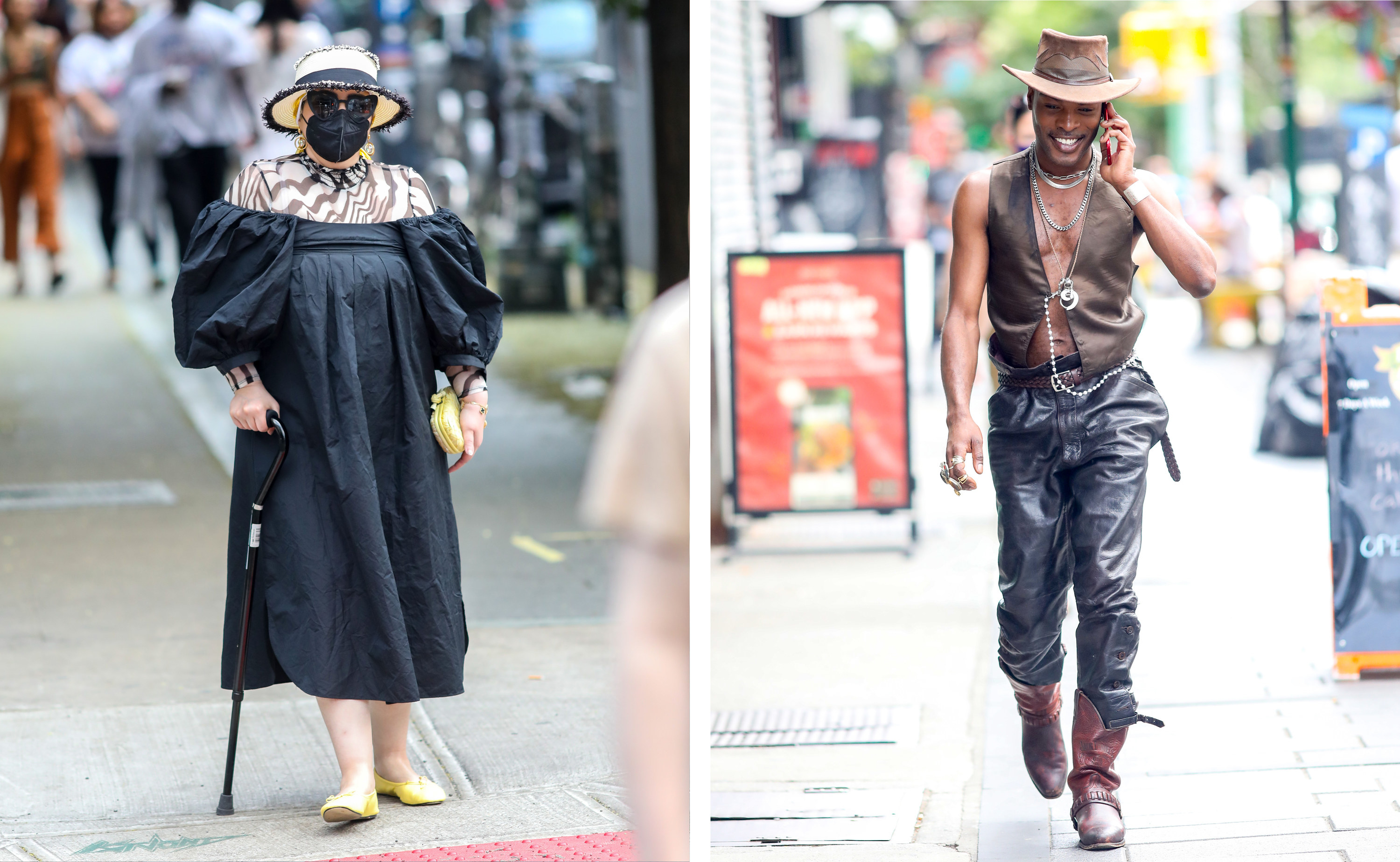 Left, an older woman in a mask and hat leans on a cane, right, a man dressed in cowboy gear talks on the phone as he walks down the street