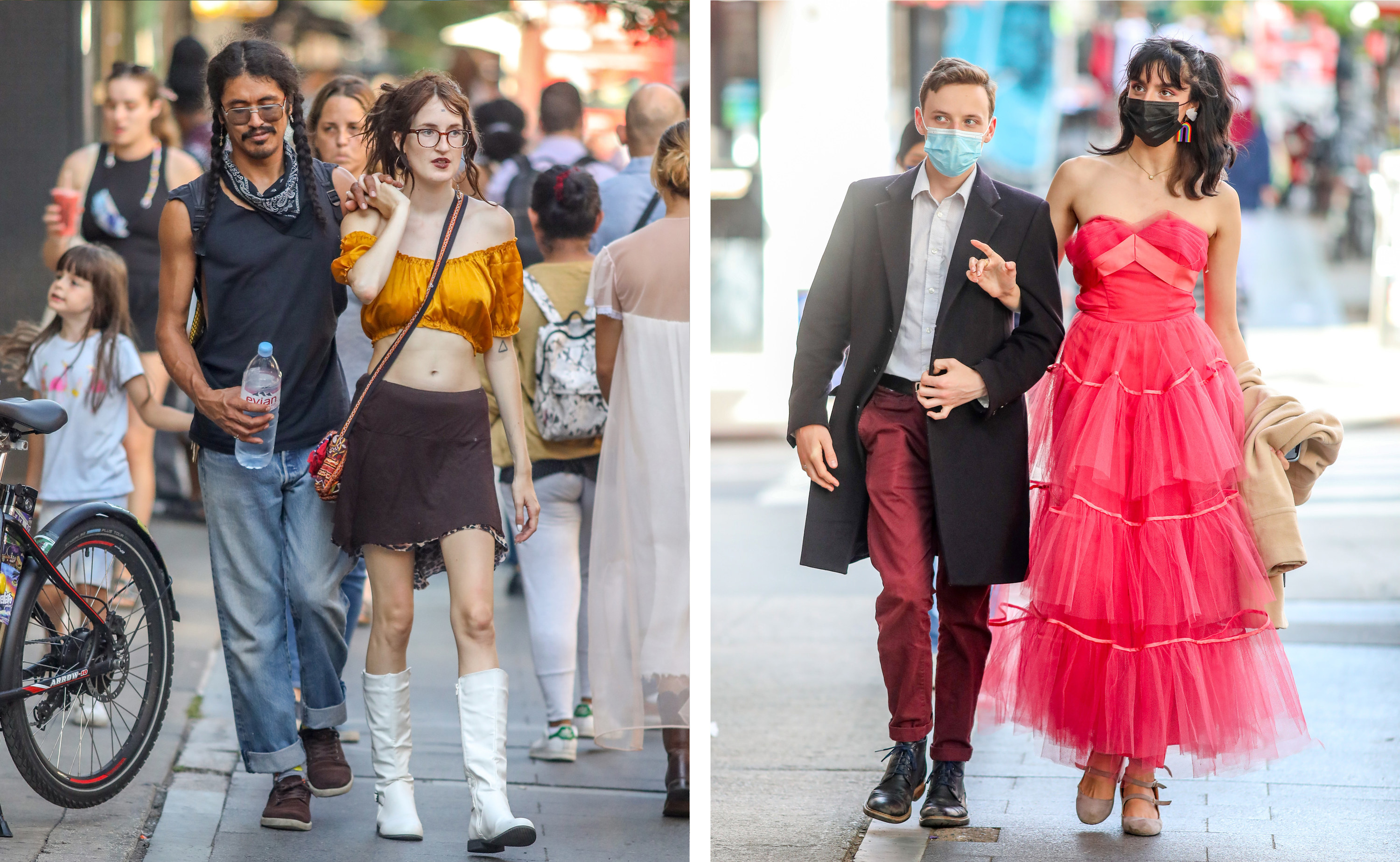 Left, a couple walk down a crowded street, right, a man and a woman in a fancy dress walk down the street