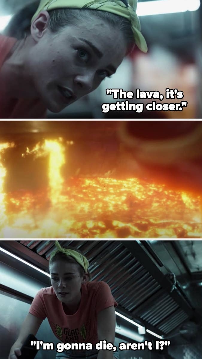 girl in food truck says the lava is getting closer then asks if she's going to die