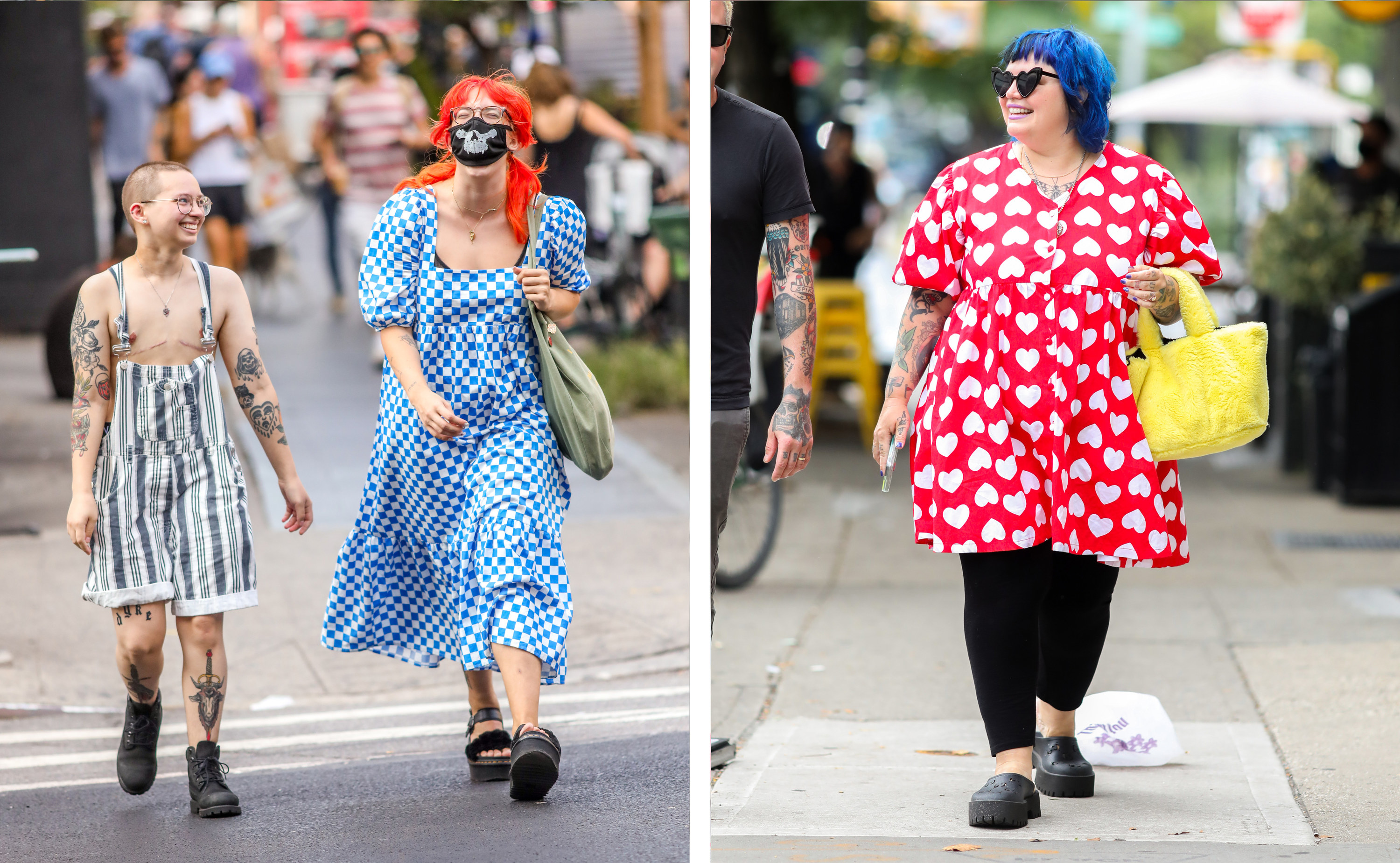 Left, two people in patterned clothes and black shoes cross the street, right, a woman in colorful primary colors and gucci clogs walks down the sidewalk 