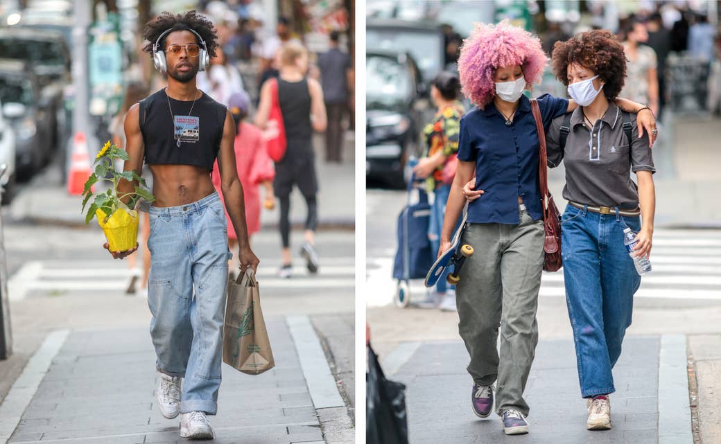 Left, a man in a crop top and jeans carrying a plant; right, two women embrace as they walk down a street, one carrying a skateboard