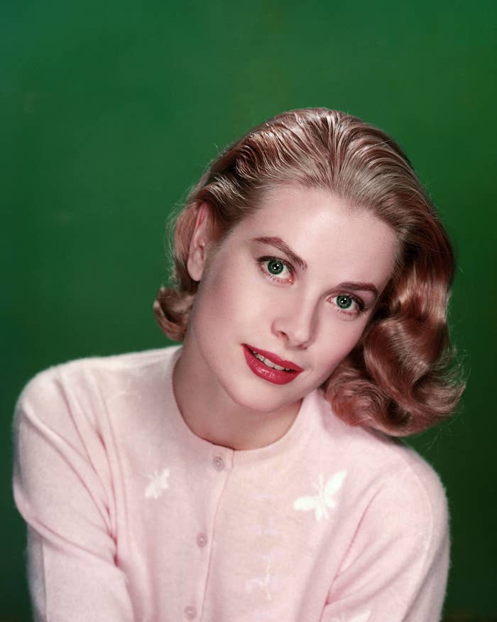 Photo of Grace Kelly in a pink cardigan